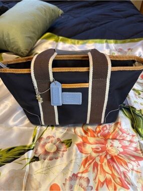 Coach Hamilton Navy and Brown Canvas Tote with Cream Straps